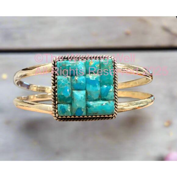 Kingman Turquoise | Grid Inlay Mosaic Square | Cuff Bracelet Size 6-8 - Picture 5 of 5